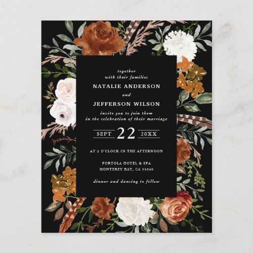Budget black floral wedding details invite flyer
