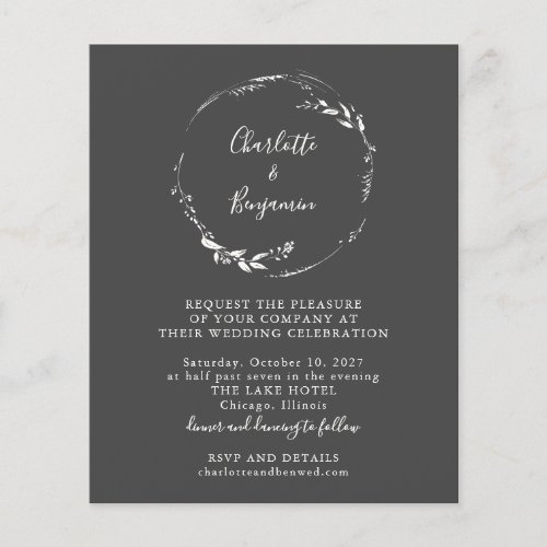 Budget Black Floral Wreath Script Wedding Invite
