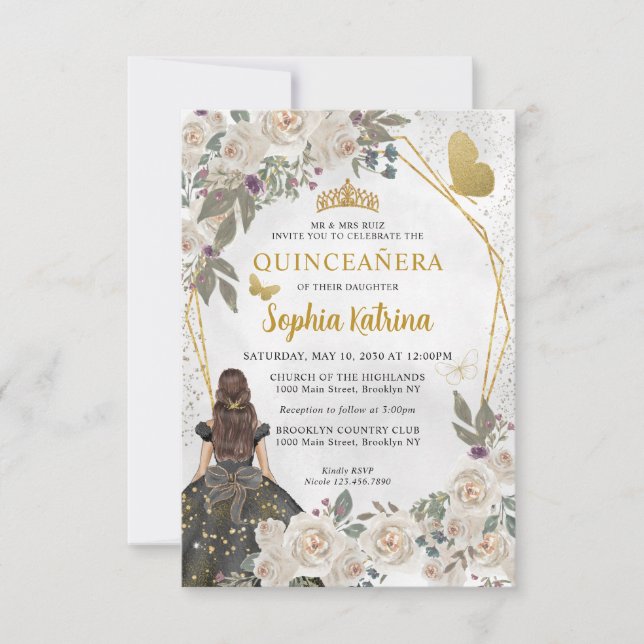 Budget Black Glam Gold Floral Princess Quinceañera Note Card (Front)
