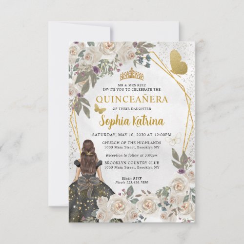 Budget Black Glam Gold Floral Princess Quinceaera Note Card