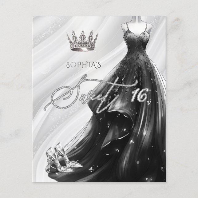 Budget Black Glitter Dress Sweet 16 Invitation (Front)