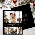 Budget Black Gold 4 Photo Collage Christmas Card<br><div class="desc">Budget Elegant Modern Black and Gold Heart Script 4 Photo Collage Merry Christmas Script Holiday Thin Card. Note: thinner than postcard! This festive minimal four (4) photo holiday card template features a pretty photo collage, a little doodle heart and says Merry Christmas! The „Merry Christmas” greeting text is written in...</div>