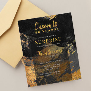 Budget black gold 50th birthday party invitation