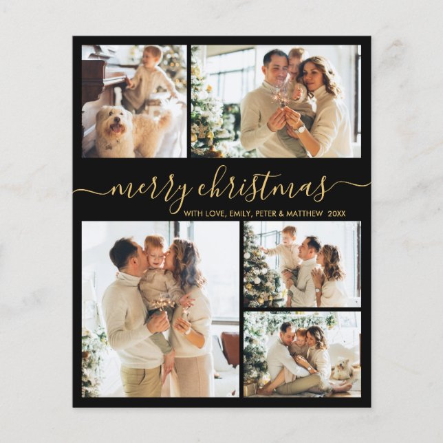 Budget Black Gold 5 Photo Collage Christmas Card (Front)