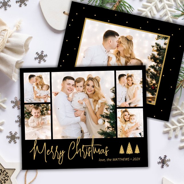Budget Black Gold 5 Photo Collage Christmas Card (Creator Uploaded)