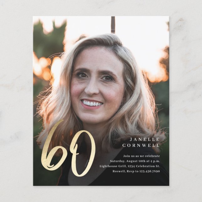 Budget Black Gold 60th Photo Birthday Invitation (Front)