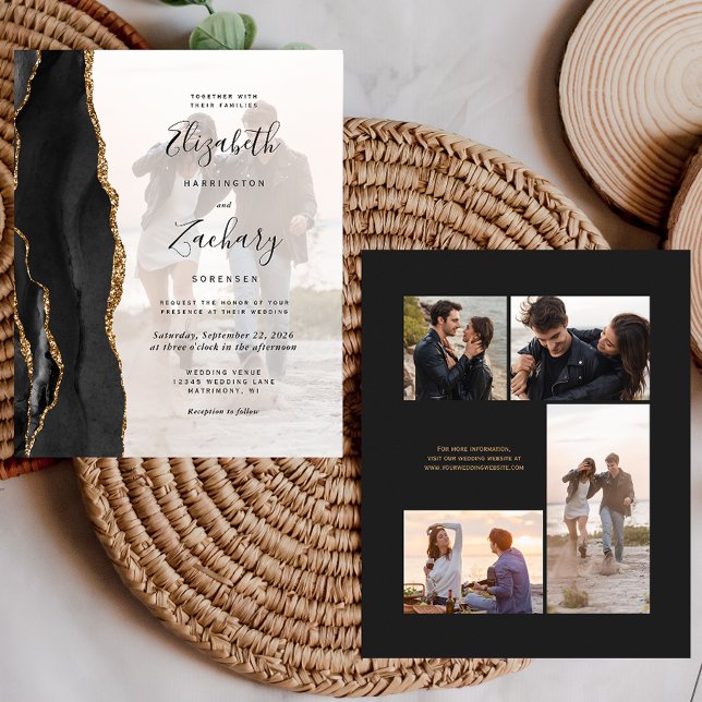 Budget Black Gold Agate 5-Photo Wedding Invitation (Creator Uploaded)
