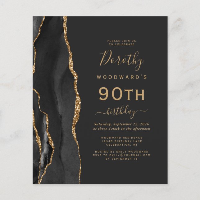 Budget Black Gold Agate Dark 90th Birthday Invite (Front)