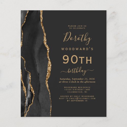 Budget Black Gold Agate Dark 90th Birthday Invite