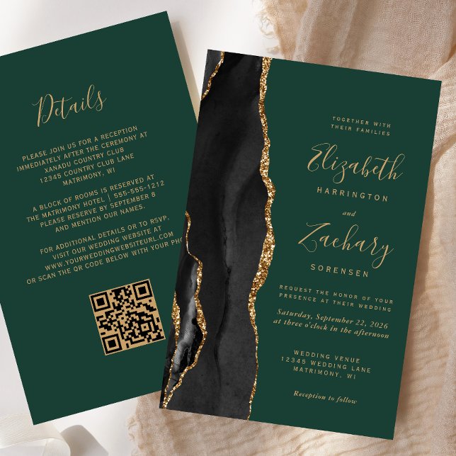 Budget Black Gold Agate Dark Green QR Code Wedding (Creator Uploaded)