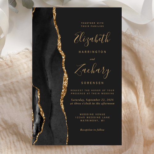 Budget Black Gold Agate Dark Wedding Invitation