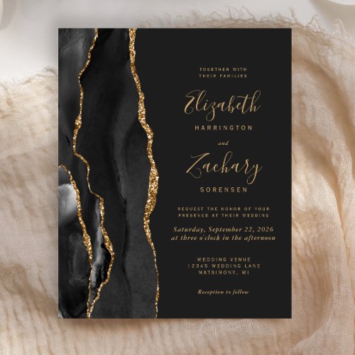 Budget Black Gold Agate Dark Wedding Invitation