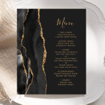 Budget Black Gold Agate Dark Wedding Menu<br><div class="desc">The left-hand edge of this elegant modern wedding menu features a black watercolor agate border trimmed with faux gold glitter. The customizable text combines gold colored handwriting script and copperplate fonts on an off-black background. The reverse side features a matching black and gold agate design.</div>