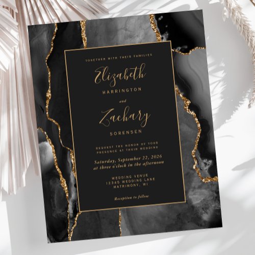 Budget Black Gold Agate Frame Wedding Invitation