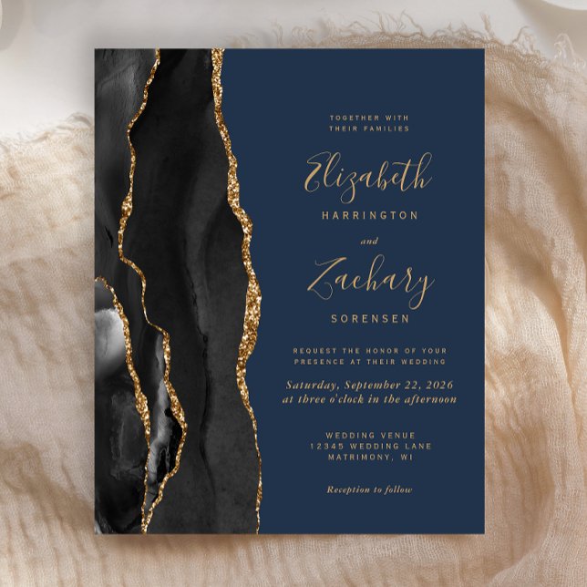 Budget Black Gold Agate Navy Blue Wedding Invite (Creator Uploaded)