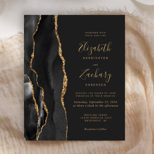 Budget Black Gold Agate Photo Dark Wedding Invite