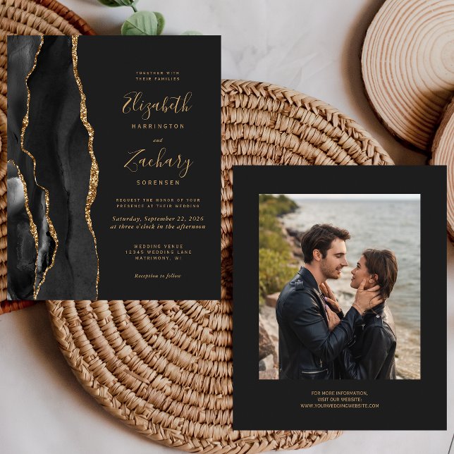 Budget Black Gold Agate Photo Dark Wedding Invite (Creator Uploaded)