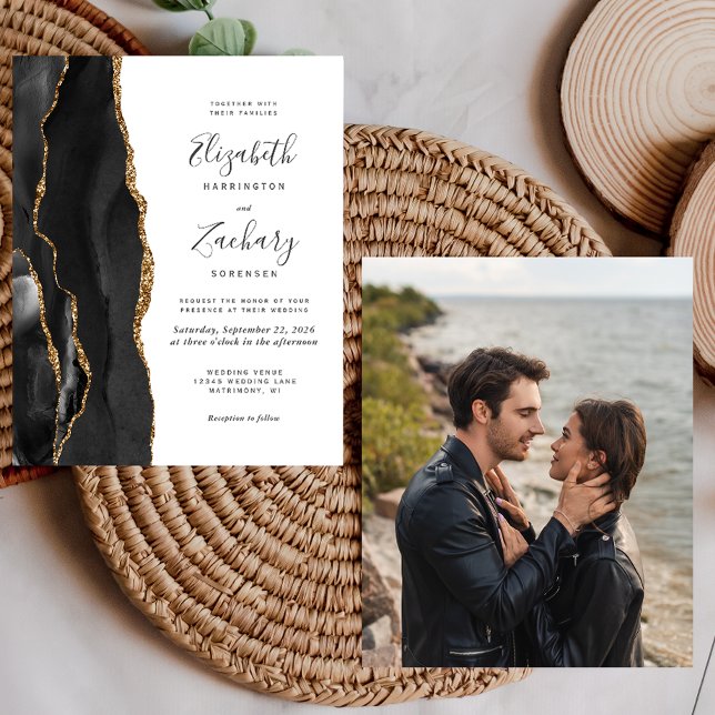 Budget Black Gold Agate Photo Wedding Invite (Creator Uploaded)