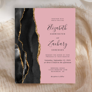 Budget Black Gold Agate Pink Wedding Invite