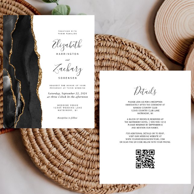 Budget Black Gold Agate QR Code Wedding Invite (Creator Uploaded)