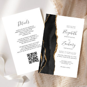 Budget Black Gold Agate QR Code Wedding Invite