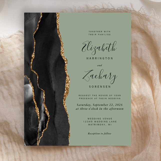 Budget Black Gold Agate Sage Green Wedding Invite (Creator Uploaded)