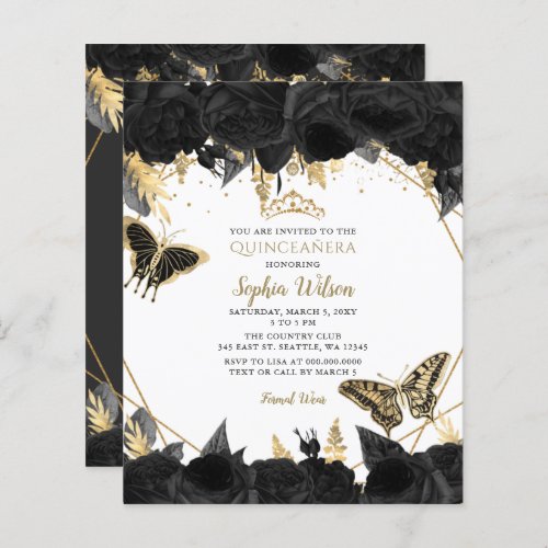 Budget Black Gold Butterfly Quinceaera Invitation