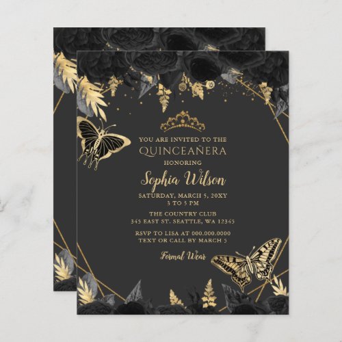 Budget Black Gold Butterfly Quinceaera Invitation