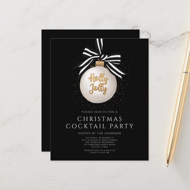 Budget Black Gold Christmas Cocktail Party Invite (Front/Back In Situ)