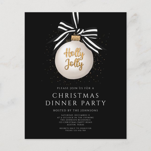 Budget Black Gold Christmas Dinner Party Invite (Front)