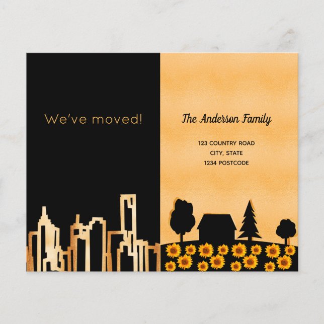 Budget black gold city country moving announcement (Front)