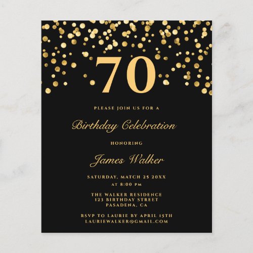 Budget Black Gold Confetti 70Th Birthday Party  Flyer