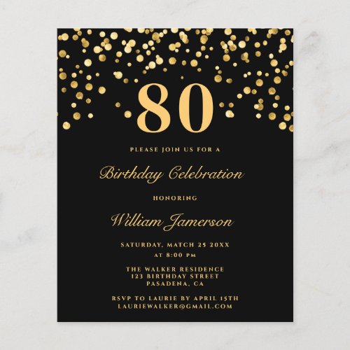 Budget Black Gold Confetti 80Th Birthday Party  Flyer