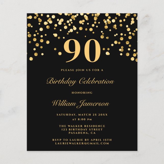 Budget Black Gold Confetti 90Th Birthday Party  Flyer (Front)