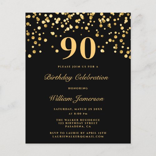 Budget Black Gold Confetti 90Th Birthday Party  Flyer