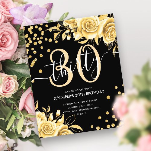 Budget Black Gold Floral Glitter 30th Birthday  Flyer