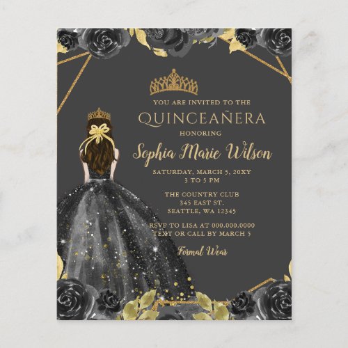 Budget Black Gold Floral Princess Quinceaera