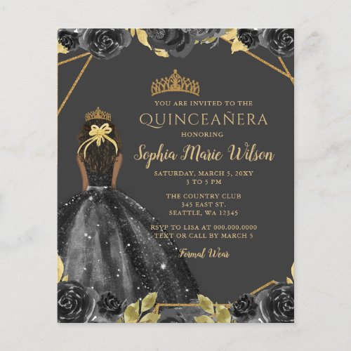 Budget Black Gold Floral Princess Quinceaera