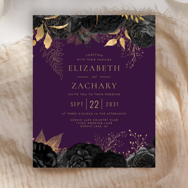 Budget Black Gold Floral Purple Wedding Invite (Creator Uploaded)