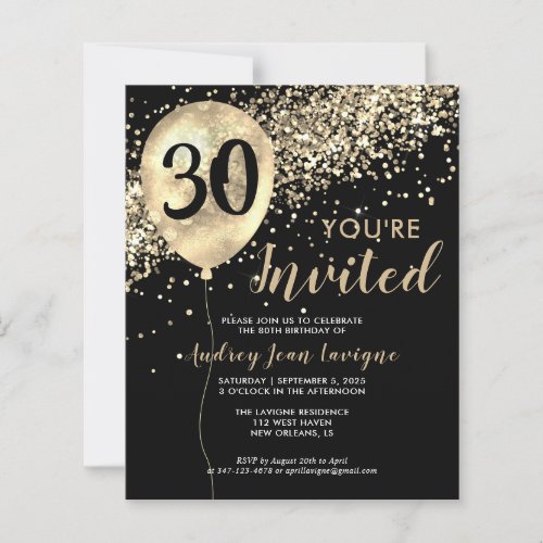 Budget Black Gold Glam Balloon Birthday Invitation