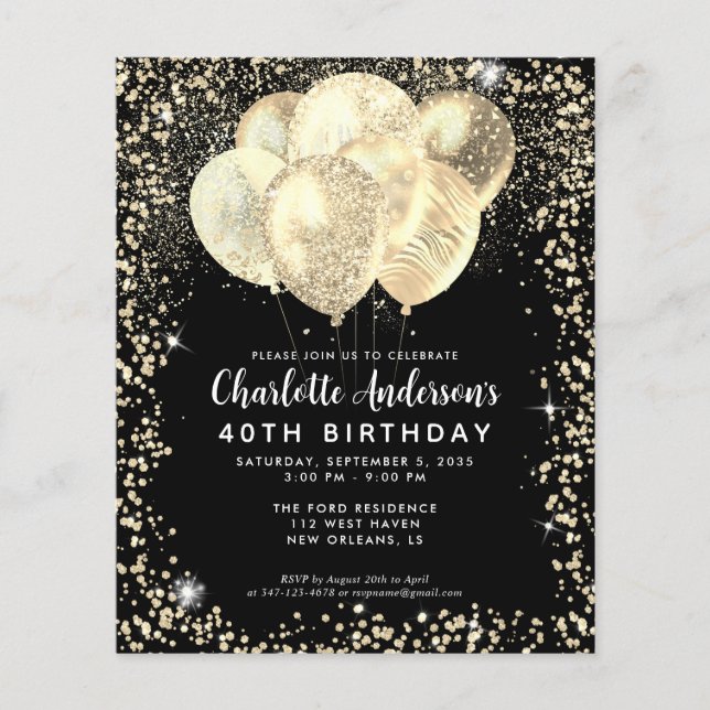 Budget Black Gold Glam Glitter Balloon Birthday Flyer (Front)