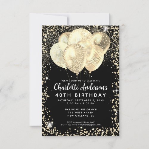 Budget Black Gold Glam Glitter Balloon Birthday Note Card