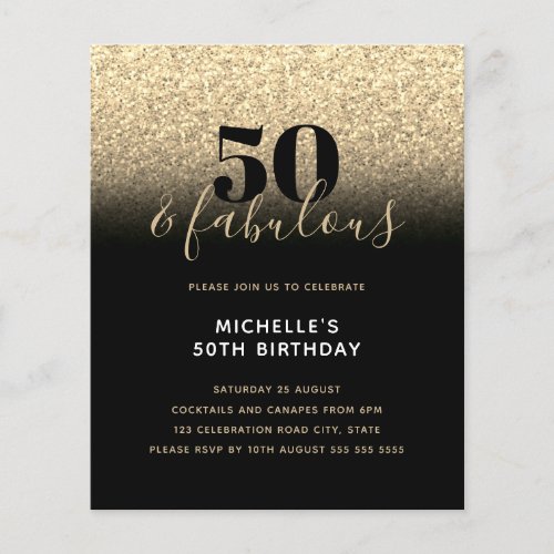 Budget Black Gold Glitter 50th Birthday Invitation