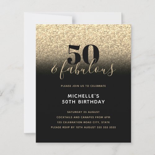 Budget Black Gold Glitter 50th Birthday Invitation