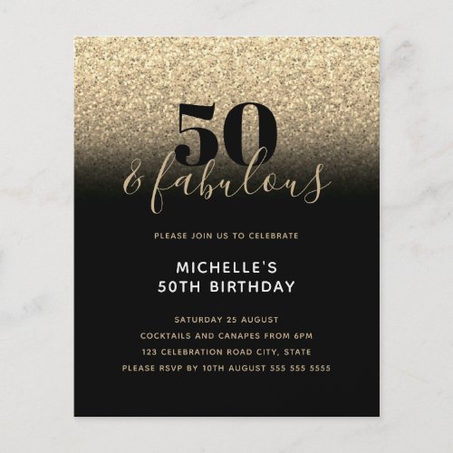 Budget Black Gold Glitter 50th Birthday Invitation