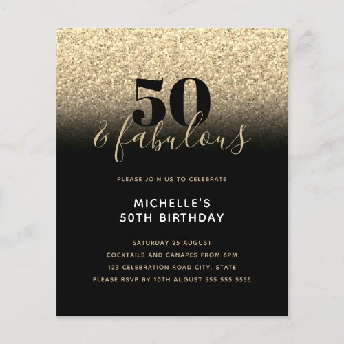 Budget Black Gold Glitter 50th Birthday Invitation Flyer