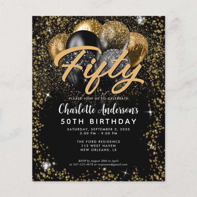 Budget Black Gold Glitter Balloon Any Age Birthday (Front)