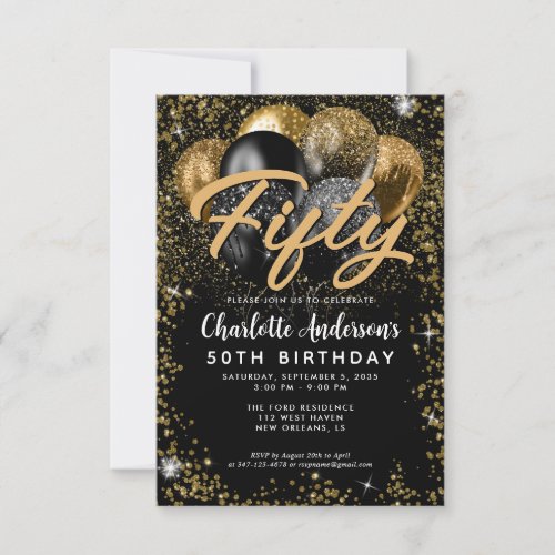 Budget Black Gold Glitter Balloon Any Age Birthday Note Card