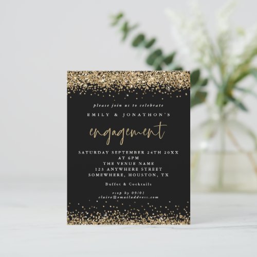 Budget Black Gold Glitter Engagement Invitation