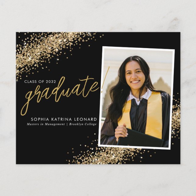 Budget Black Gold Glitter Grad Photo Graduation (Front)